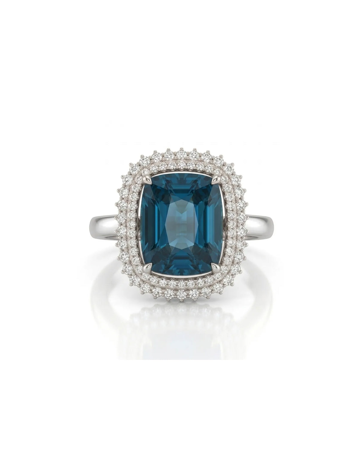Blue tourmaline engagement ring with double diamond halo in refined polished platinum | SARATTI