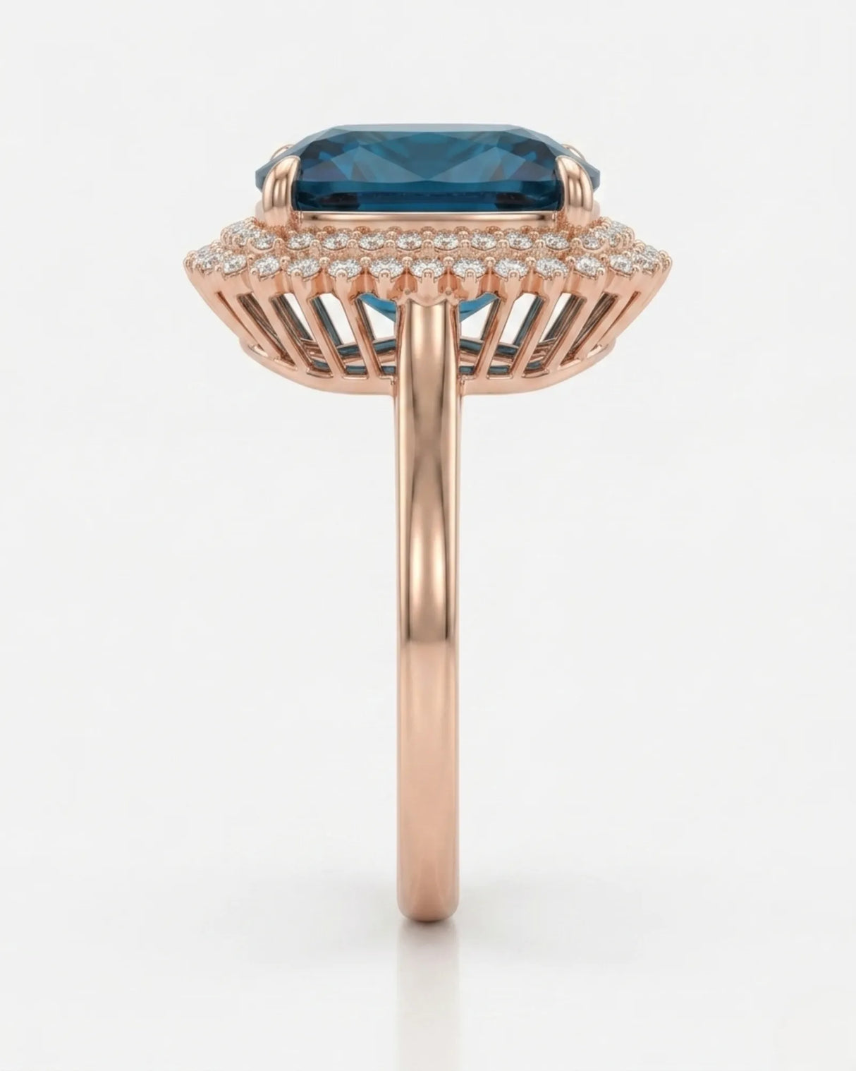 Blue tourmaline engagement ring with double diamond halo in warm 18K rose gold | SARATTI