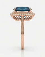 Blue tourmaline engagement ring with double diamond halo in warm 18K rose gold | SARATTI