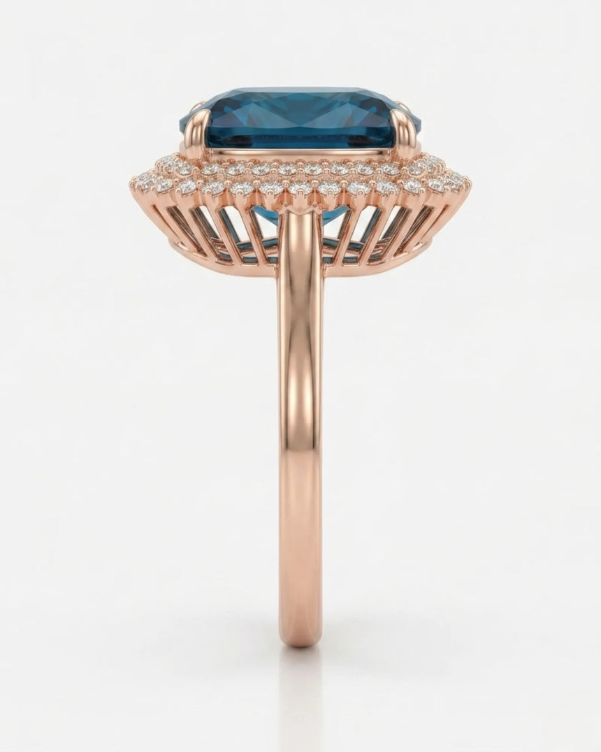 Blue tourmaline engagement ring with double diamond halo in warm 18K rose gold | SARATTI