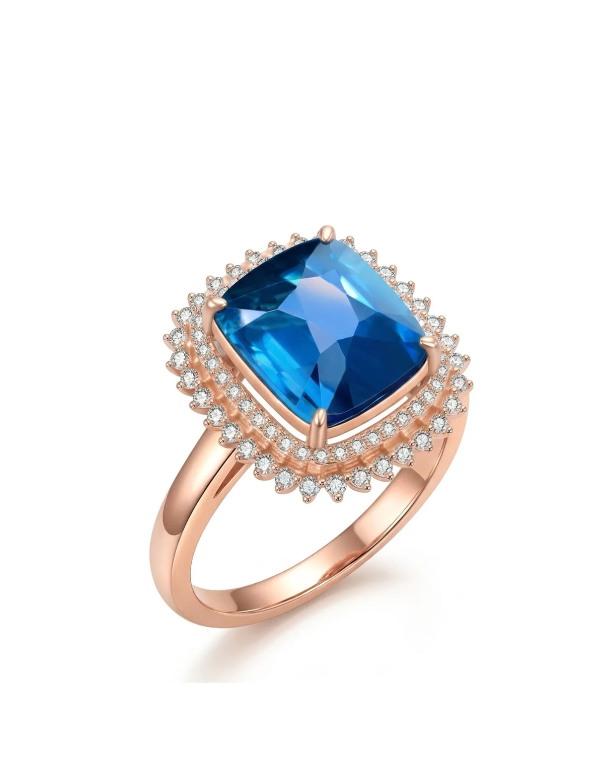 Blue tourmaline ring with cushion-cut center stone and double diamond halo in 18K rose gold | SARATTI