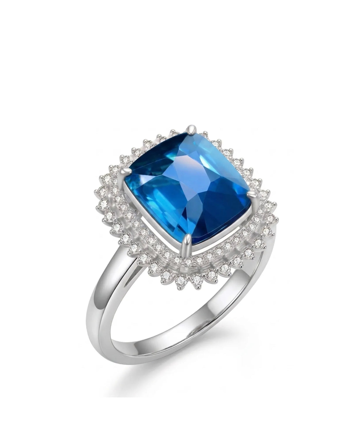 Blue tourmaline ring with cushion-cut center stone and double diamond halo in 18K white gold | SARATTI