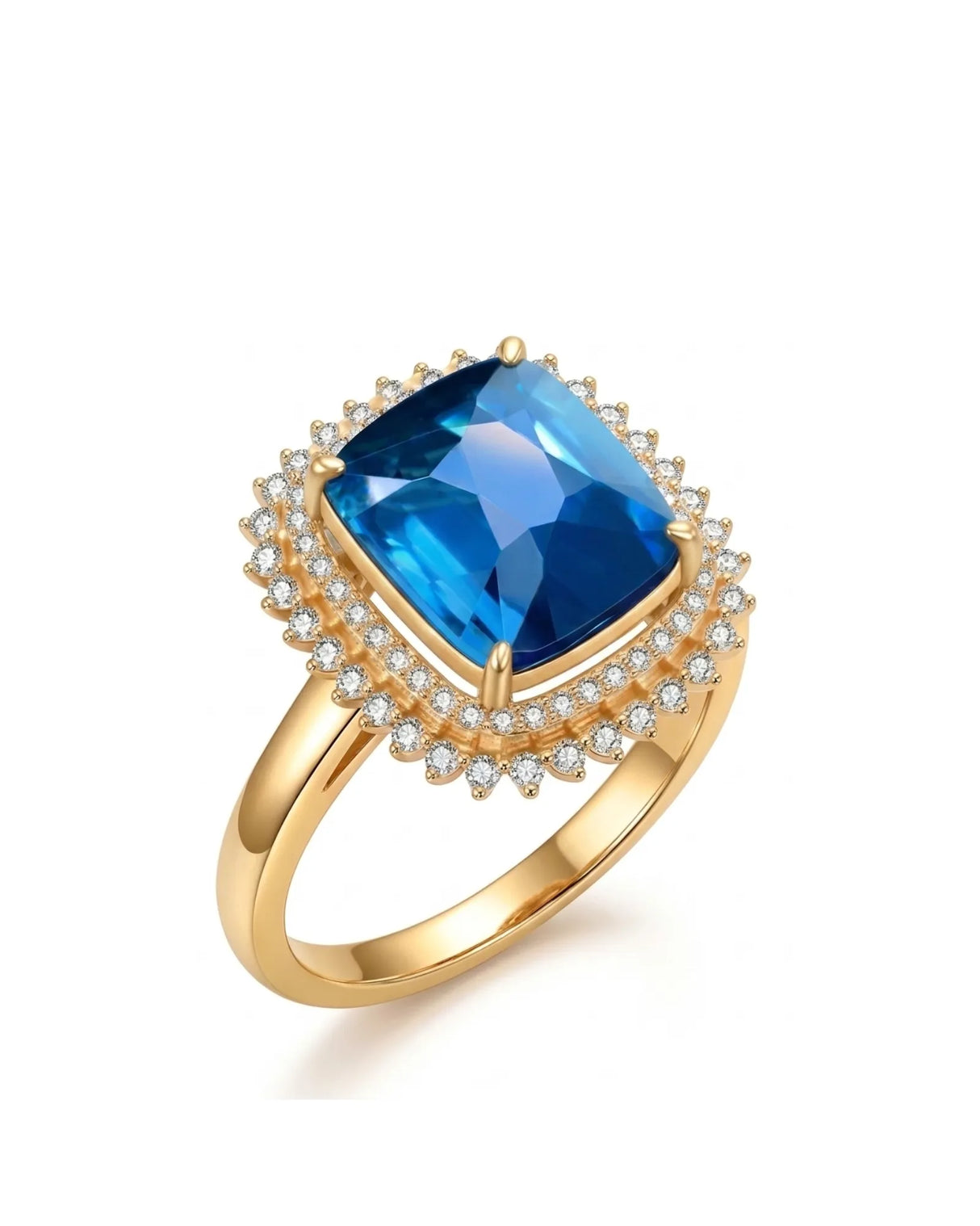 Blue tourmaline ring with cushion-cut center stone and double diamond halo in 18K yellow gold | SARATTI