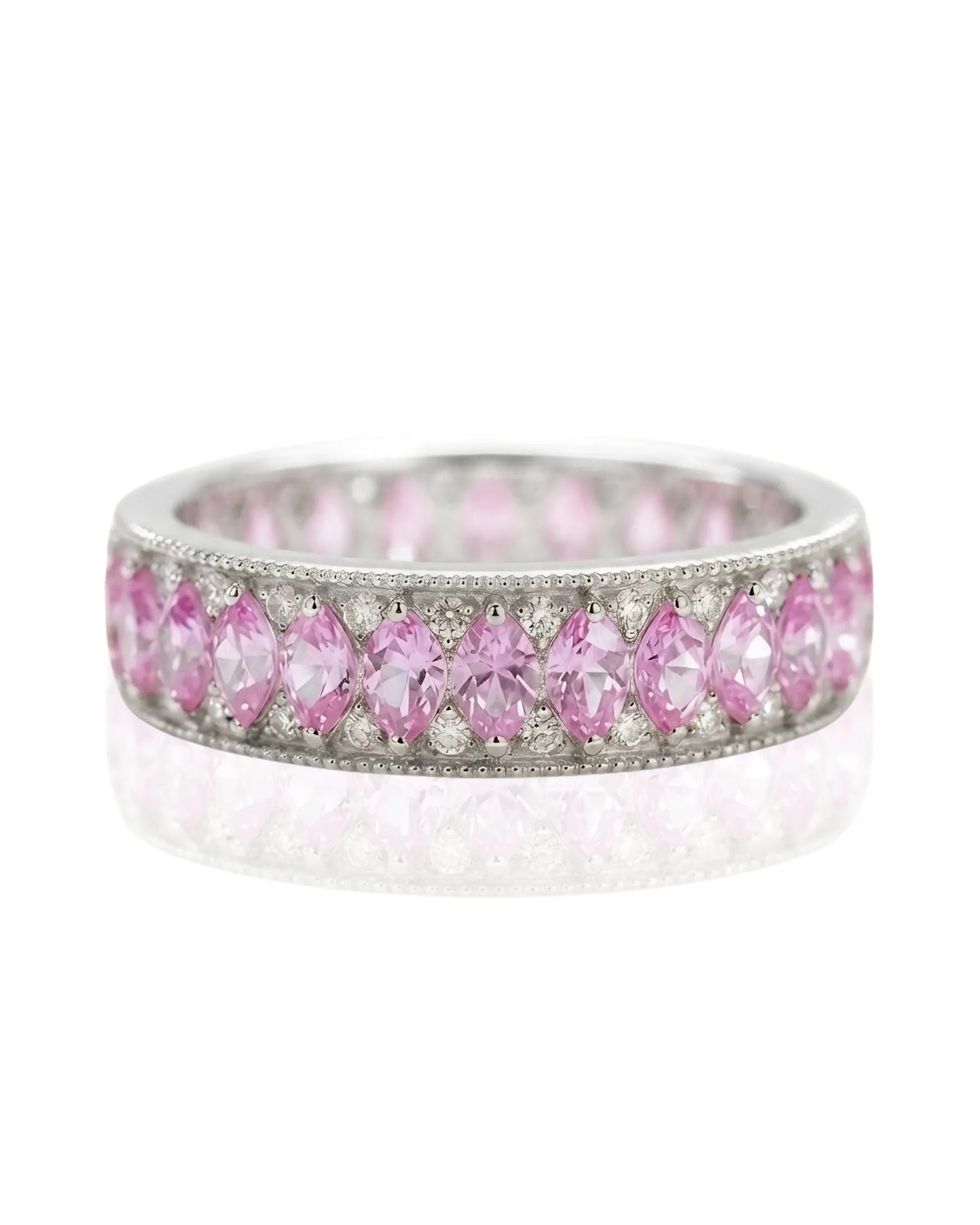 Blush Aurora sapphire ring with vintage milgrain diamond design in 14K white gold - SARATTI