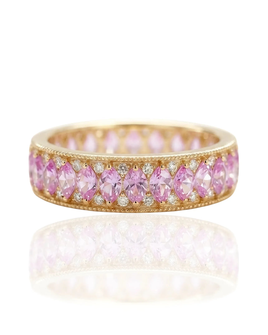 Blush Aurora sapphire ring with vintage milgrain diamond design in 14K yellow gold | SARATTI