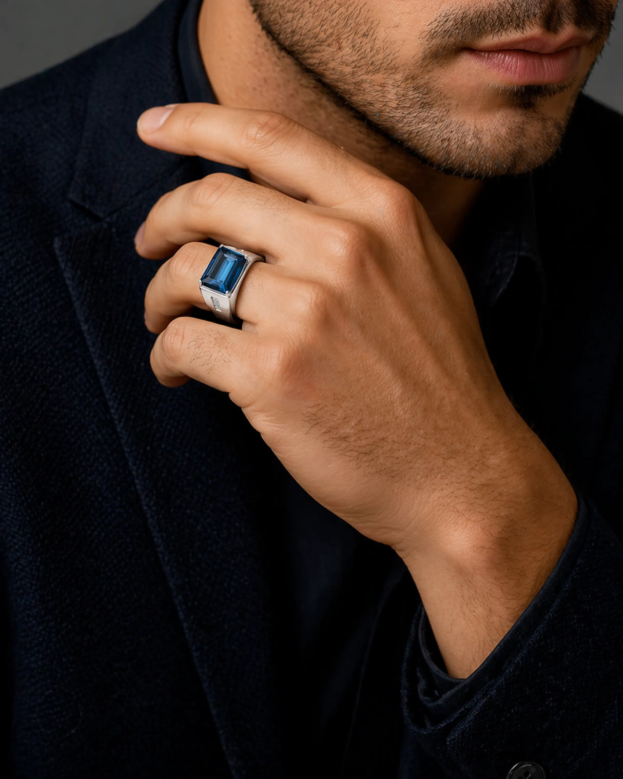 Bold men’s gemstone ring London blue topaz center 925 silver | SARATTI