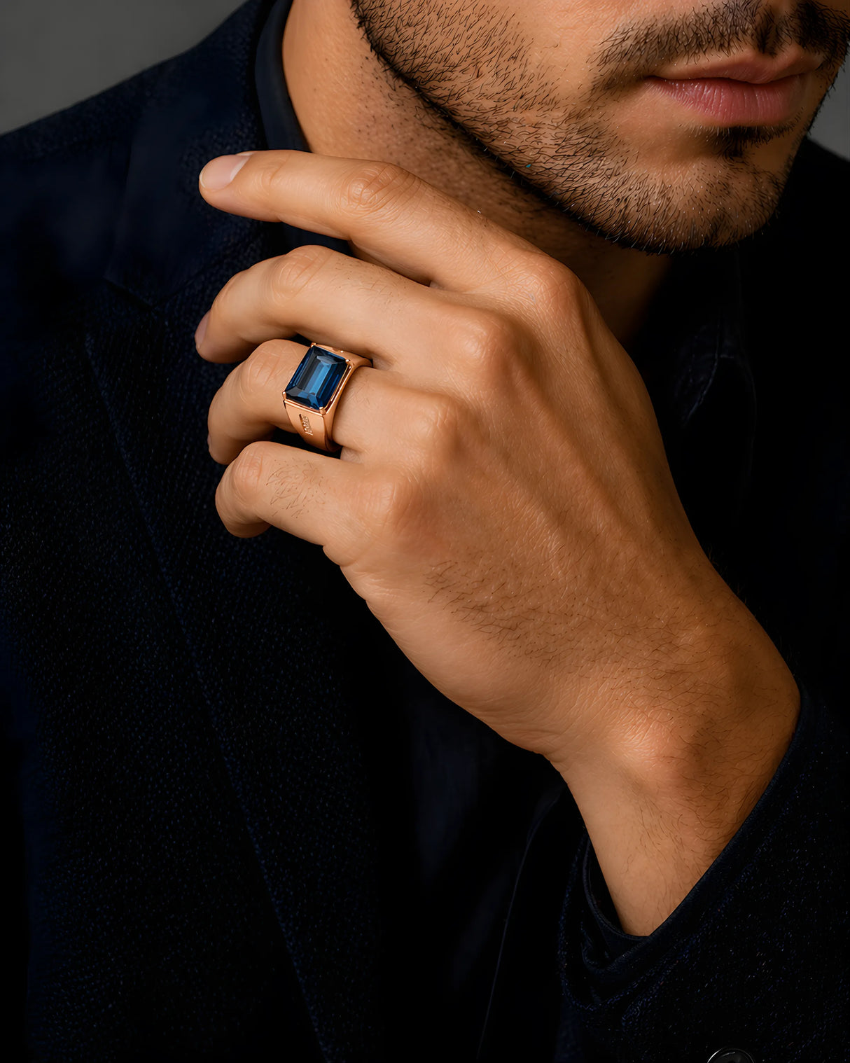 Bold men’s gemstone ring London blue topaz center rose gold | SARATTI