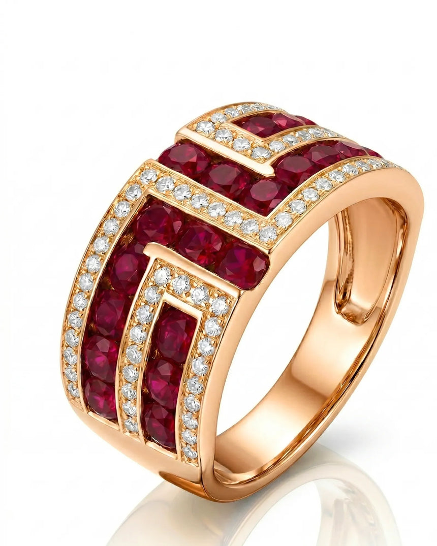 Bold ruby diamond statement ring in 18K rose gold front view luxury jewelry design | SARATTI