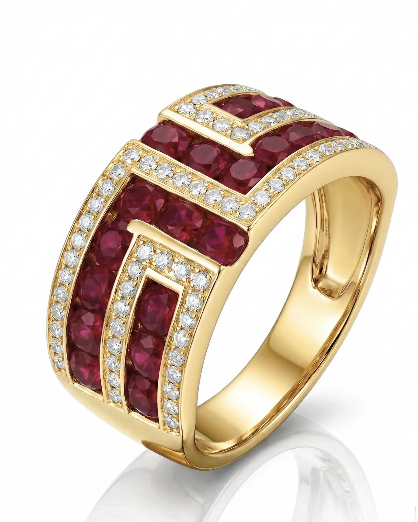 Bold ruby diamond statement ring in 18K yellow gold front view luxury jewelry design | SARATTI