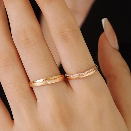 Model wearing Rose Gold Half Eternity Diamond Band Wedding Set | Saratti