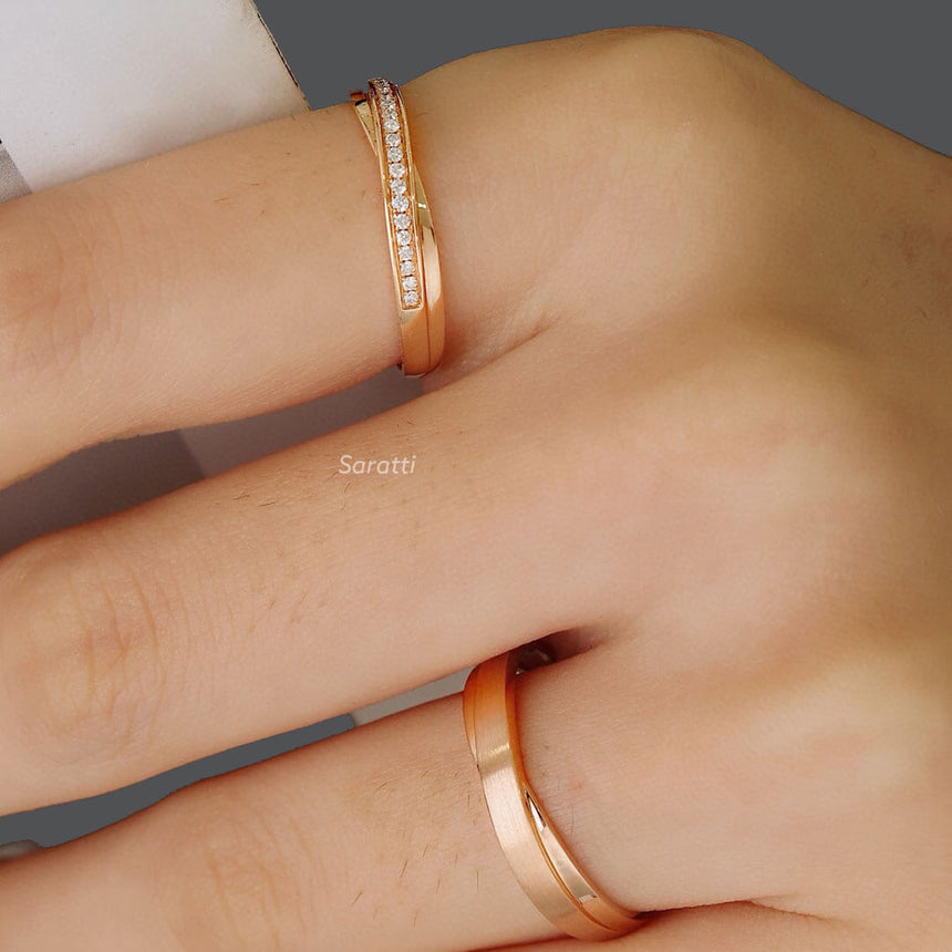 Model wears Rose Gold Classic Diamond Half Eternity Band Pair | Saratti