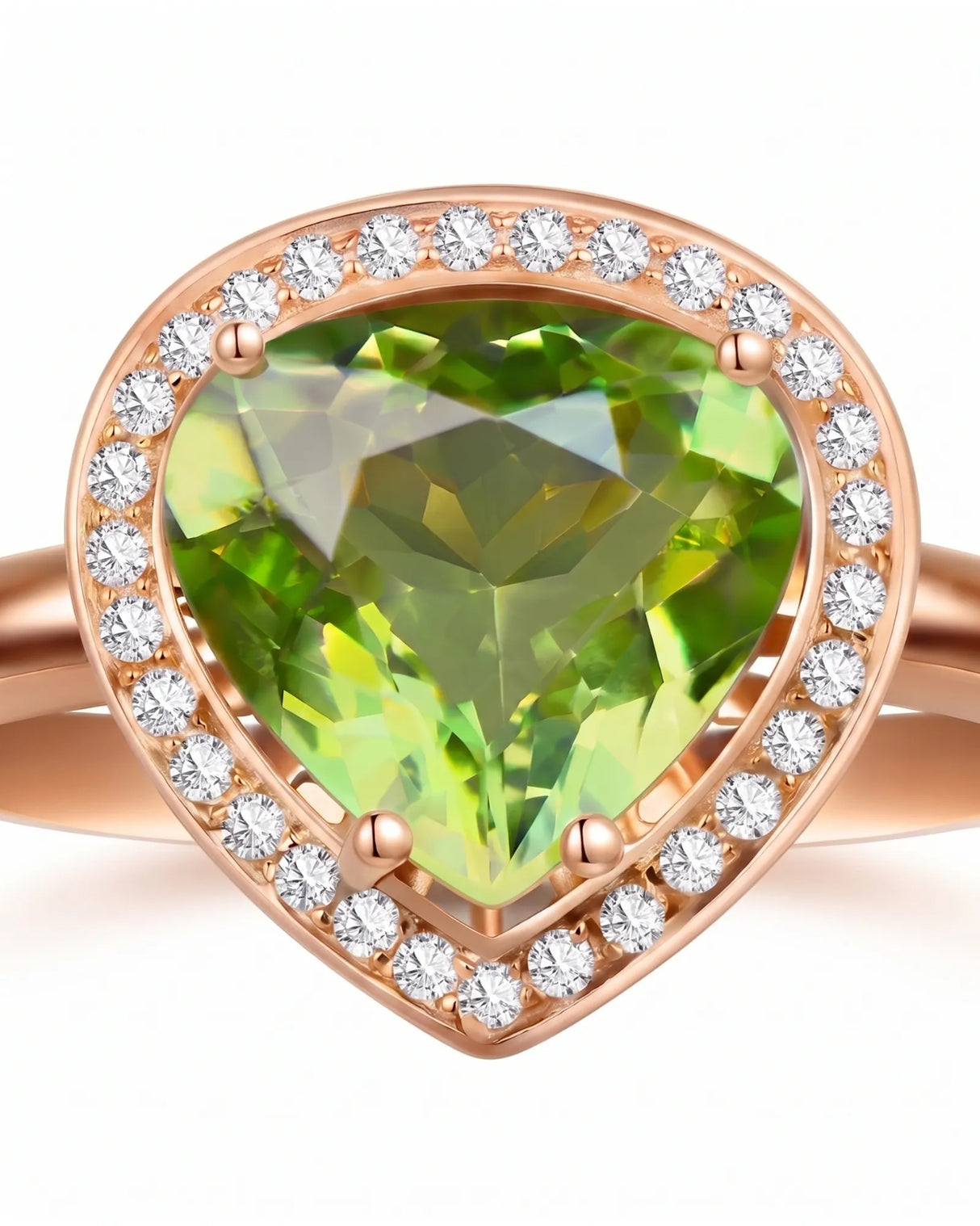 Bright green tourmaline ring with delicate diamond halo and 18K Rose Gold setting | SARATTI