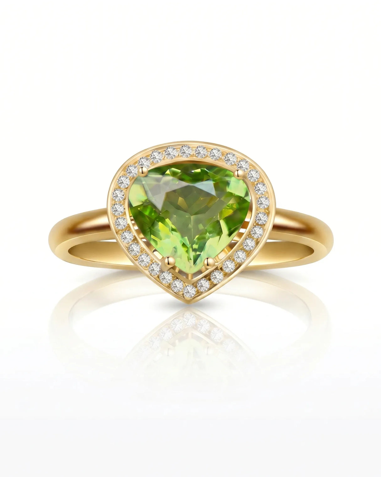 Bright green tourmaline ring with delicate diamond halo and 18K Yellow Gold setting | SARATTI