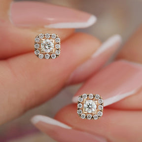 Square Shaped Tiny Round Diamond Stud Earrings in Model's Fingers  | Saratti | Custom High and Fine Jewelry