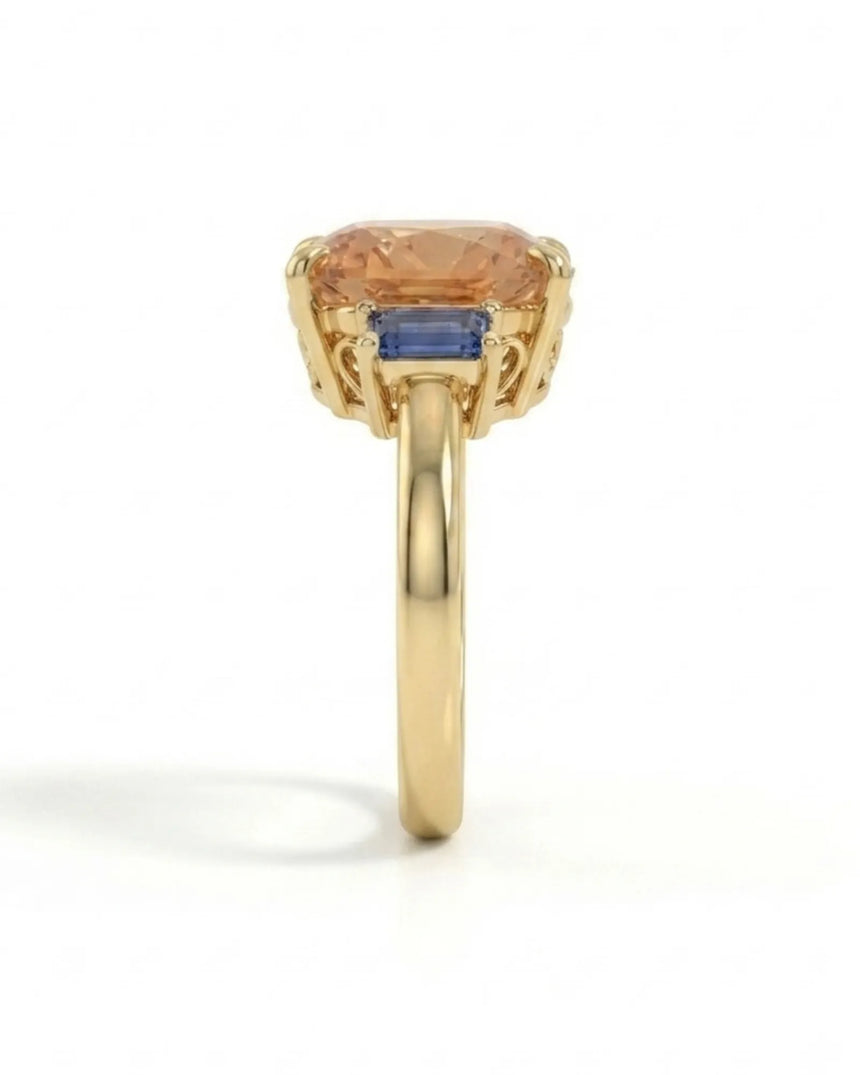 Build My Ring oval Imperial Topaz setting with emerald-cut sapphires in yellow gold | SARATTI