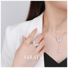 Model wears the Silver Monarch Memories Pendant Necklace | Saratti