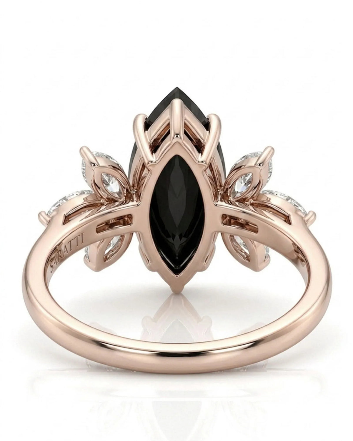 Butterfly natural black marquise diamond engagement ring gallery and underside detail in 18K rose gold | SARATTI