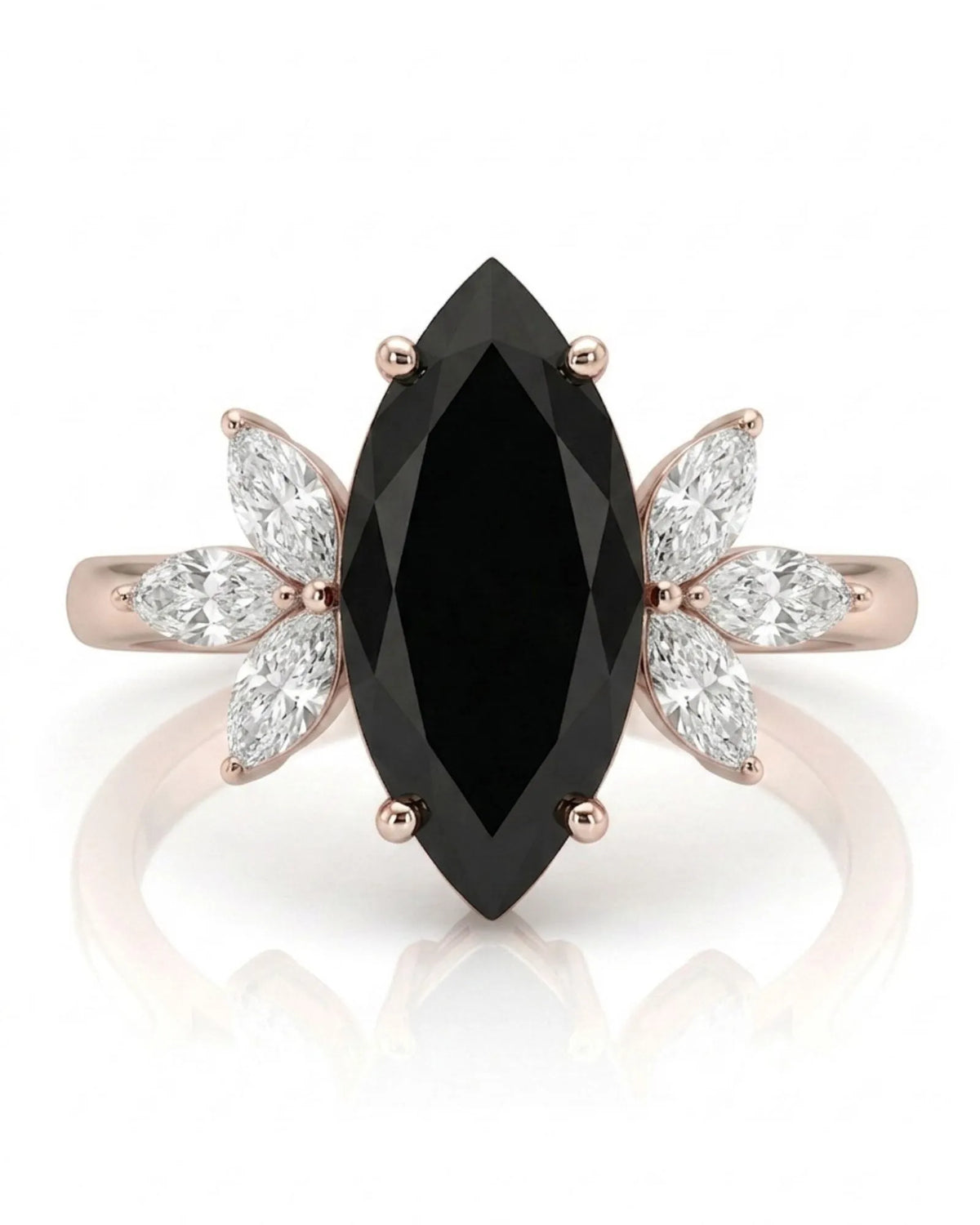Butterfly natural black marquise diamond ring worn on hand in 18K rose gold | SARATTI