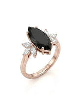 Butterfly vintage-inspired natural black marquise diamond ring 45-degree view in 18K rose gold | SARATTI