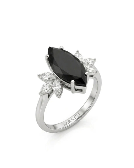 Butterfly vintage-inspired natural black marquise diamond ring 45-degree view in 18K white gold | SARATTI