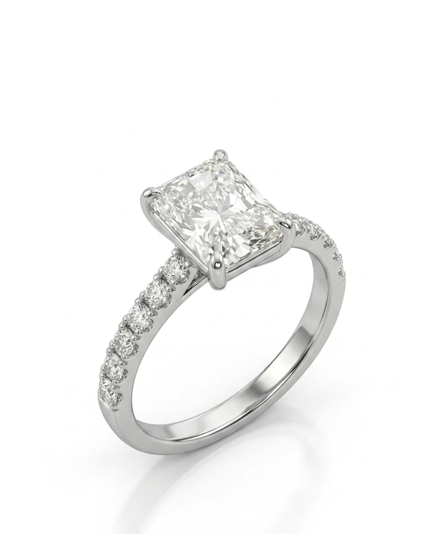 CANDICE radiant-cut natural diamond engagement ring with pavé side diamonds in polished 18K white gold | SARATTI