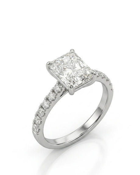 CANDICE radiant-cut natural diamond engagement ring with pavé side diamonds in polished platinum | SARATTI