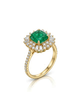 CELESTINE vivid green emerald and diamond halo cocktail ring in 18K yellow gold | SARATTI