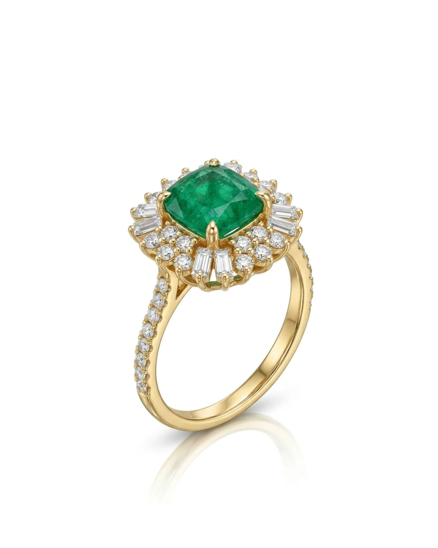 CELESTINE vivid green emerald and diamond halo cocktail ring in 18K yellow gold | SARATTI