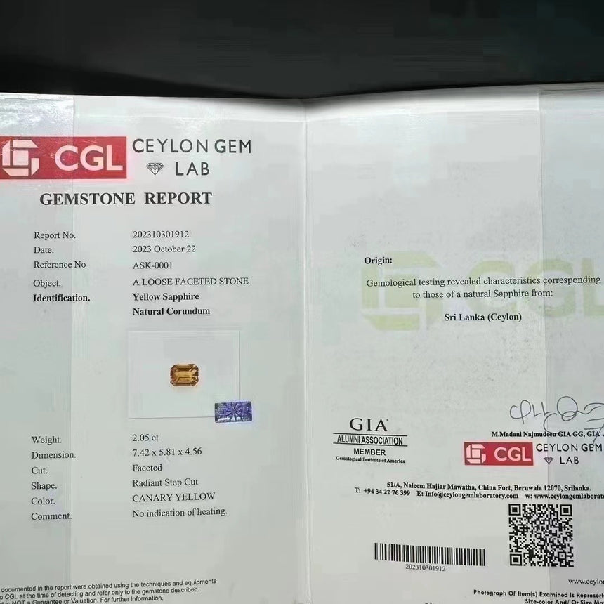 2.05-carat Radiant Cut Natural Yellow Sapphire Gemstone | CGL Certified