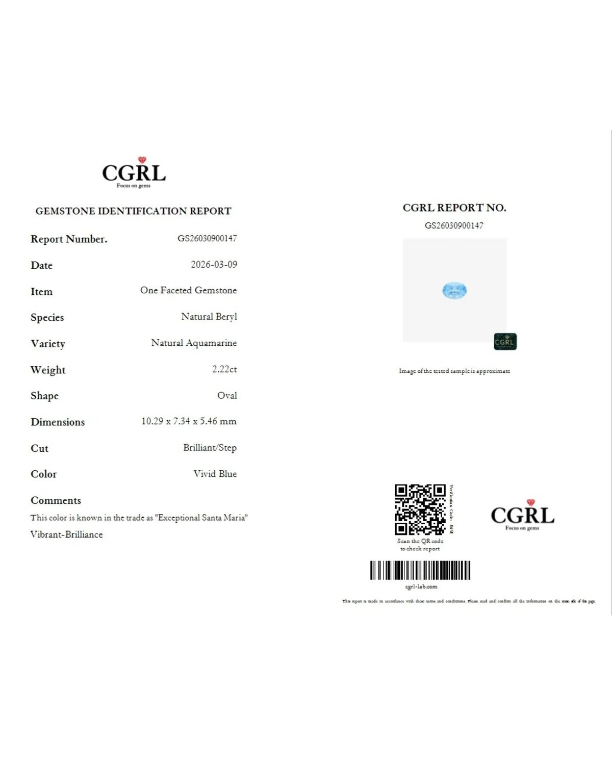 CGRL-certified 2.22ct Natural Aquamarine gemstone | SARATTI