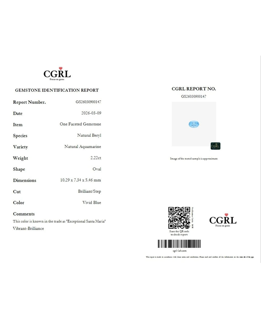 CGRL-certified 2.22ct Natural Aquamarine gemstone | SARATTI