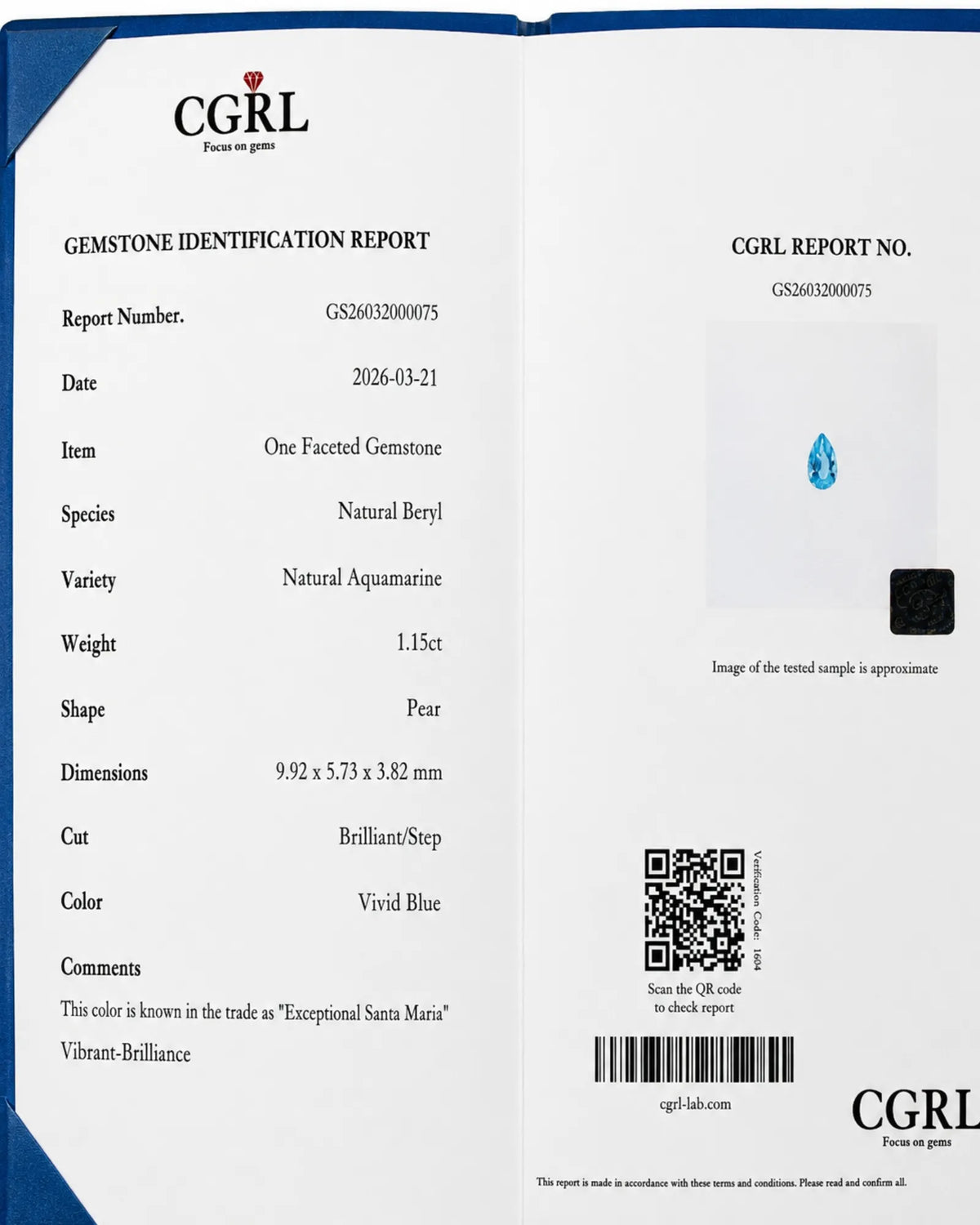 CGRL-certified Natural Santa Maria Aquamarine alternate view | SARATTI