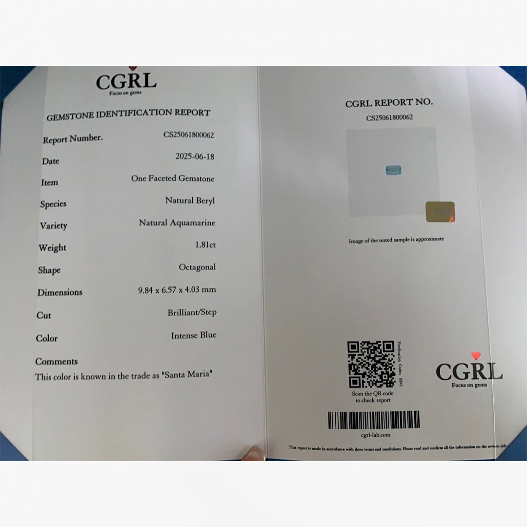 CGRL Certified 1.81 Carat Santa Maria Aquamarine Octagonal