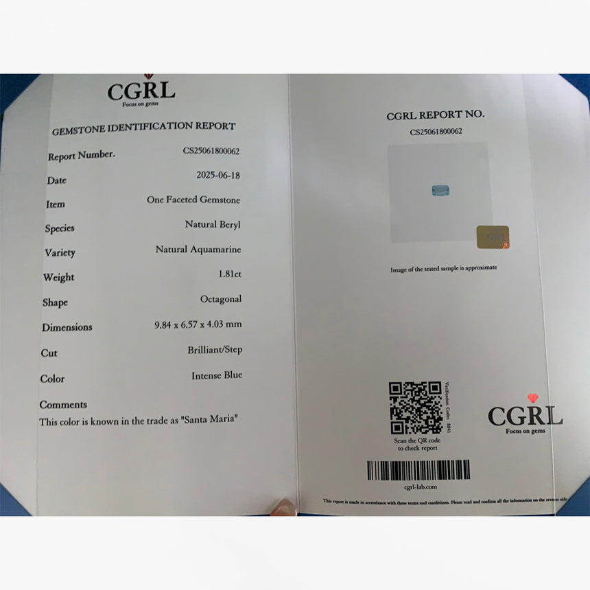 CGRL Certified 1.81 Carat Santa Maria Aquamarine Octagonal