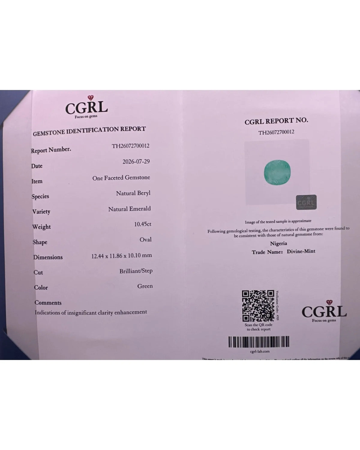 CGRL Certified 10.45ct Natural Emerald Oval measuring 12.44 × 11.86 × 10.10 mm in full proportions view | SARATTI