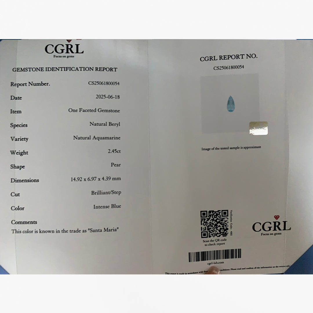 CGRL Certified 2.45 Carat Santa Maria Aquamarine Pear Shape