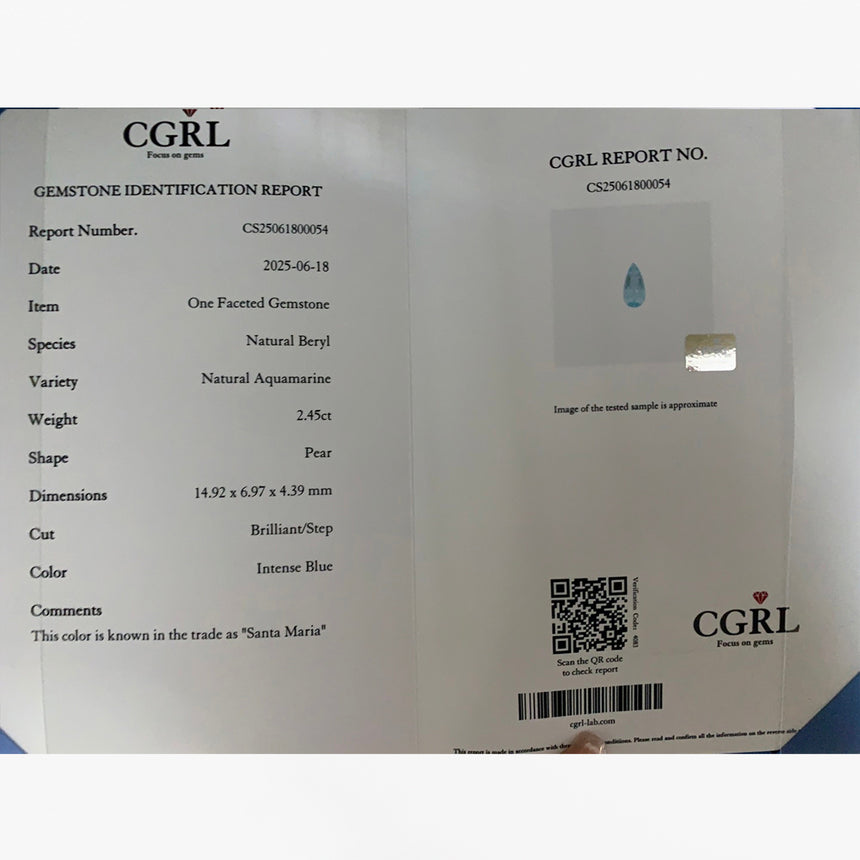 CGRL Certified 2.45 Carat Santa Maria Aquamarine Pear Shape