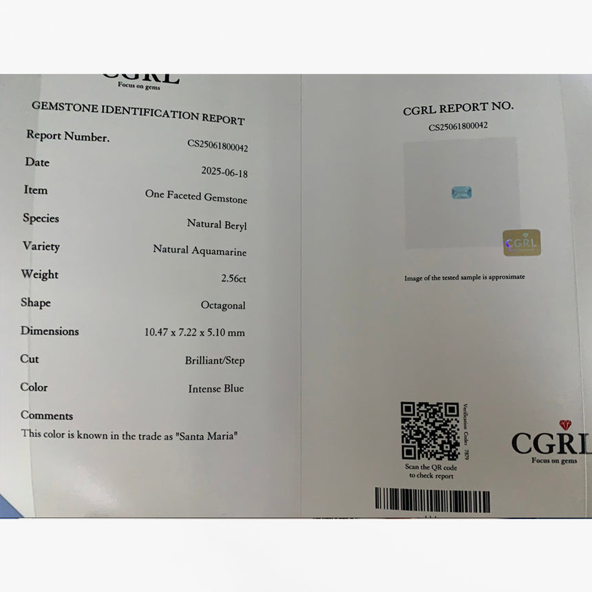 CGRL Certified 2.56 Carat Santa Maria Aquamarine Radiant Cut