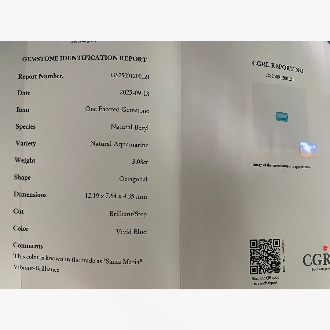 CGRL Certified 3.08 Carat Santa Maria Aquamarine Octagonal