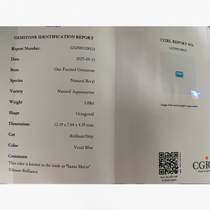 CGRL Certified 3.08 Carat Santa Maria Aquamarine Octagonal