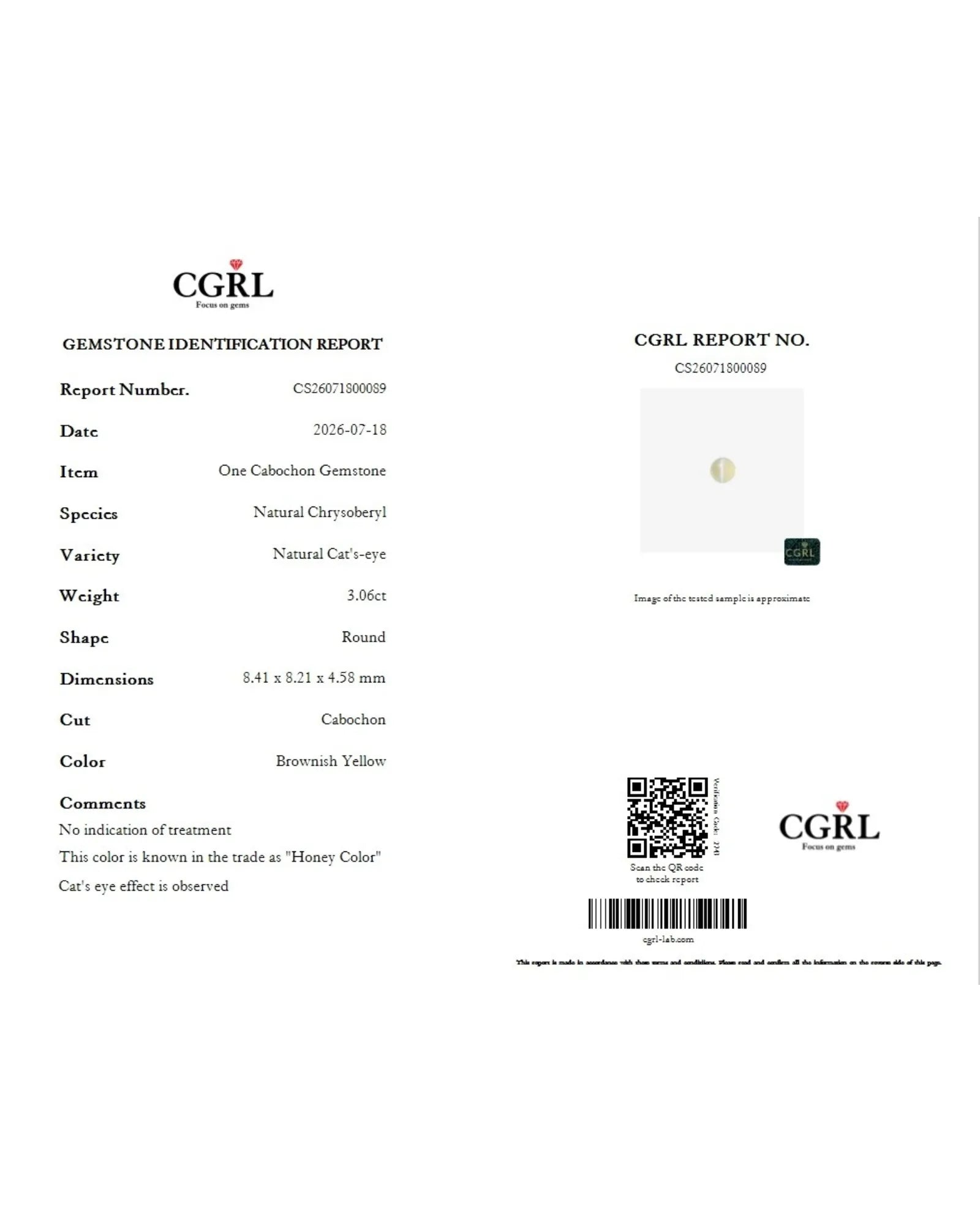 CGRL report CS26071800089 for 3.06 carat natural Cat's-Eye Chrysoberyl, Brownish Yellow with the trade name Honey Color