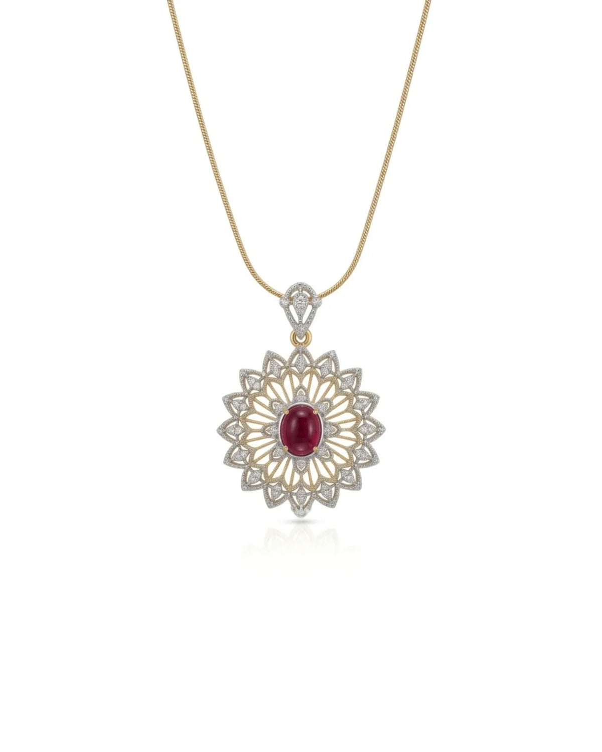 Cabochon ruby diamond lace pendant with floral openwork detailing in 18K two tone gold | SARATTI