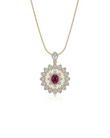 Cabochon ruby diamond lace pendant with floral openwork detailing in 18K two tone gold | SARATTI