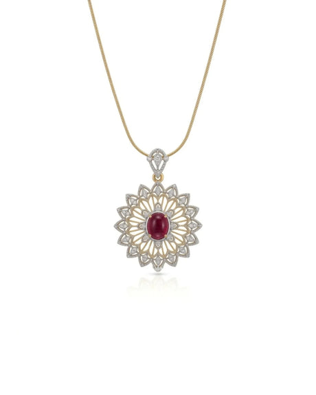 Cabochon ruby diamond lace pendant with floral openwork detailing in 18K two tone gold | SARATTI