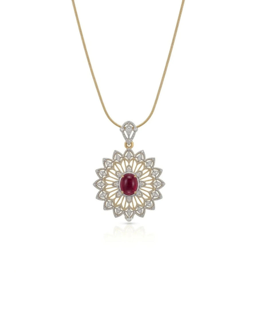 Cabochon ruby diamond lace pendant with floral openwork detailing in 18K two tone gold | SARATTI