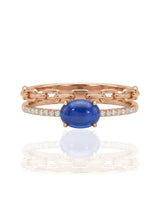 Cabochon sapphire chain duo ring with round diamond accents in 18K rose gold | SARATTI