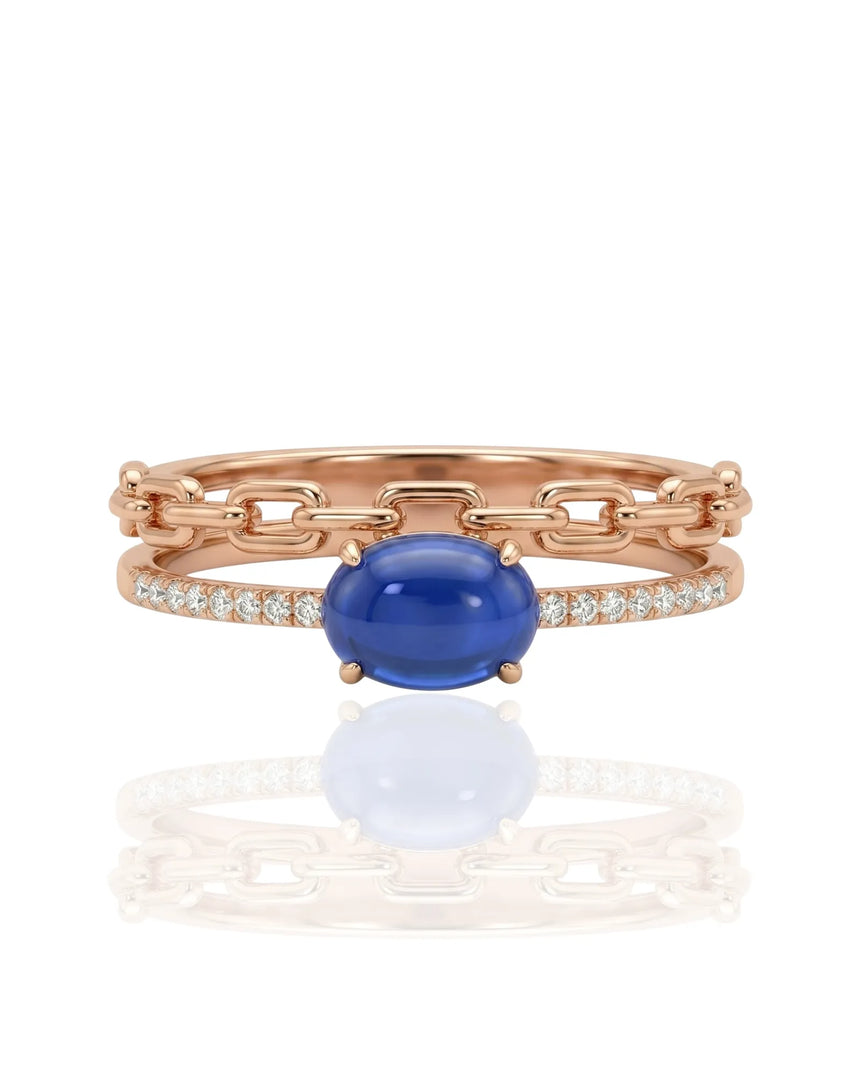 Cabochon sapphire chain duo ring with round diamond accents in 18K rose gold | SARATTI