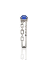 Cabochon sapphire chain duo ring with round diamond accents in 18K white gold | SARATTI
