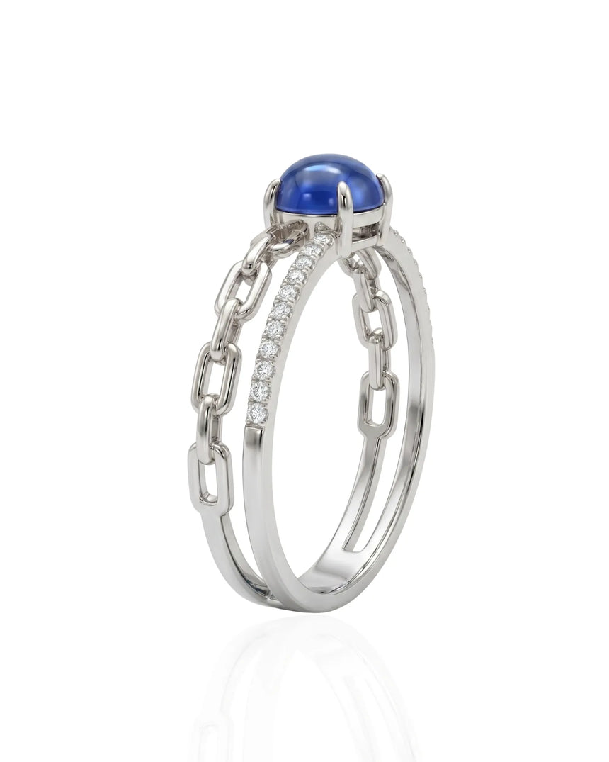 Cabochon sapphire chain duo ring with round diamond accents in platinum | SARATTI
