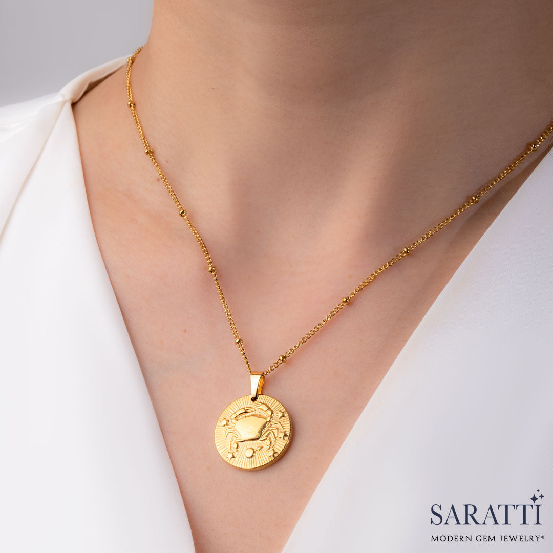 Cancer 18K Yellow Gold Necklace on Neck | Saratti Necklace 